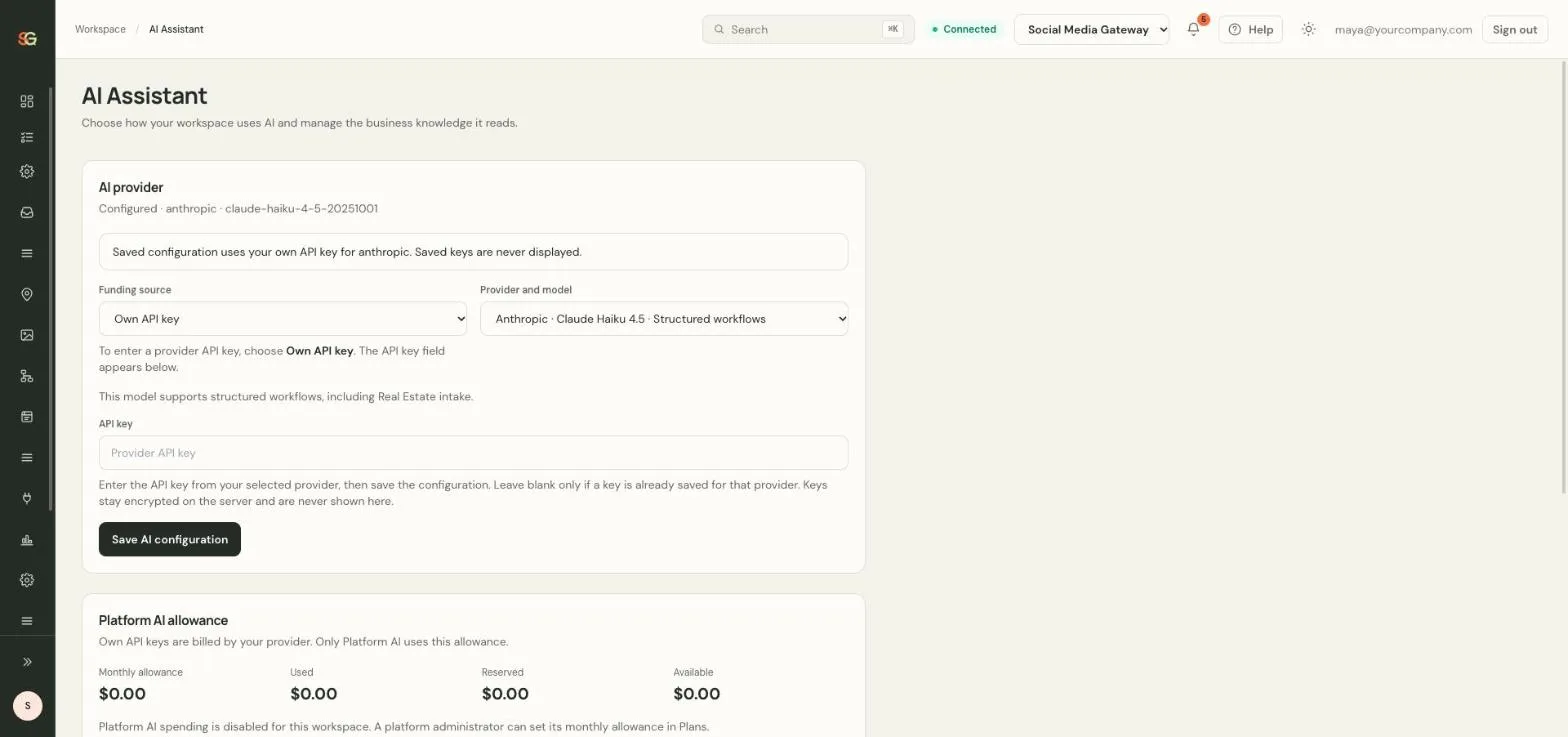 SM Gateway AI Assistant settings: choose your own API key or platform AI, and pick the provider and model, with keys stored encrypted and never displayed.