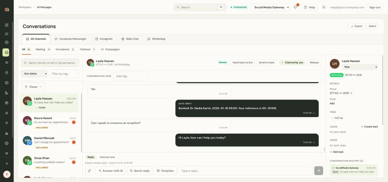 SM Gateway shared inbox: WhatsApp, Messenger and web-chat conversations in one list, an open WhatsApp thread where the clinic assistant confirms a booking, and the contact panel with lead stage, tags and tasks.