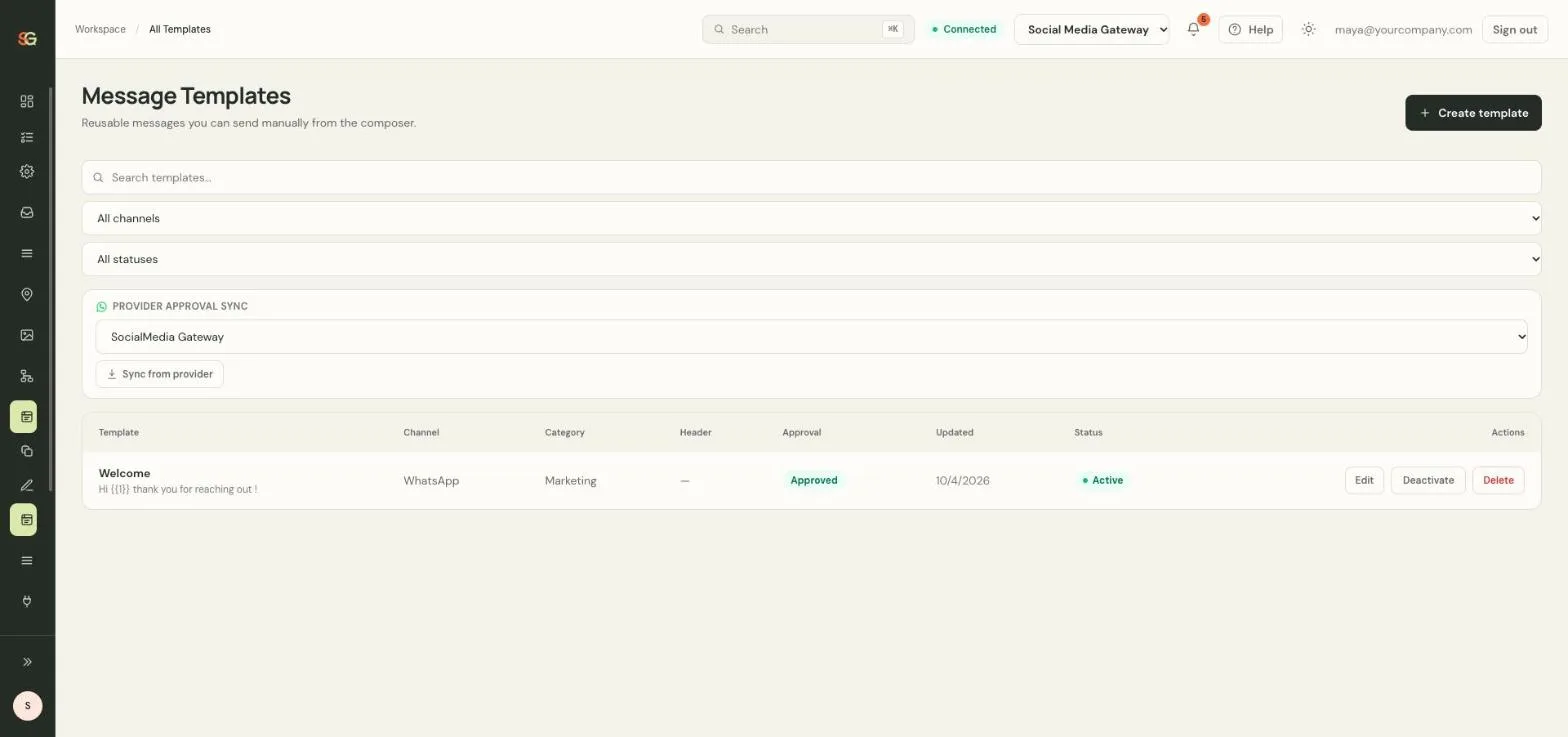 SM Gateway message templates page with WhatsApp provider approval sync and an approved, active template.