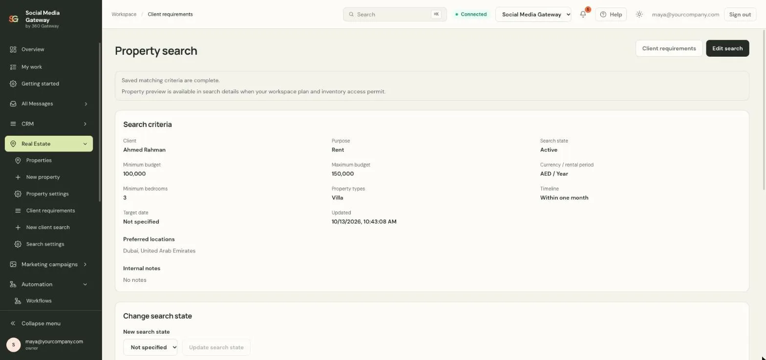 SM Gateway saved property search for a client: purpose, budget range in AED per year, minimum bedrooms, property type, timeline and preferred locations.